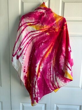 Hand Made‎ In Bermuda By Jessica Tie-Dye Pink Yellow Fluid Art Silk Scarf 43*45